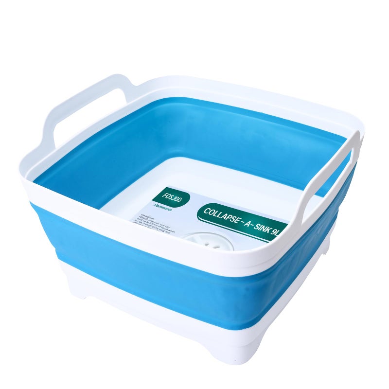 FOSJGO Dish Basin Collapsible with Drain Plug Carry Handles for 9 L Capacity, Collapsible Sink Tub, Dish Wash Basin, Portable Dish Tub, Foldable Dishpan for Camping Dish Washing Tub and RV Sink - Image 1